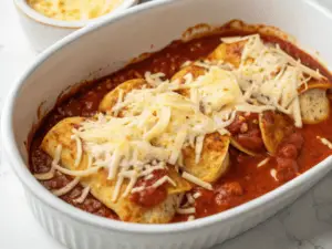 A delicious dish of salsa chicken topped with melted cheese and cilantro in a white casserole, served with tortilla chips and lime.