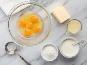 Overhead view of a freshly baked golden German pancake in a cast-iron skillet, dusted with powdered sugar and surrounded by breakfast toppings.