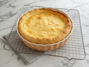 Overhead view of a freshly baked golden German pancake in a cast-iron skillet, dusted with powdered sugar and surrounded by breakfast toppings.