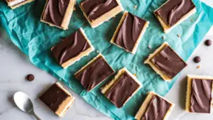  Overhead view of classic cheesecake bars with a golden crust and fresh strawberry topping on a white plate.