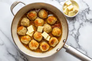 Chicken piccata meatballs served in a lemon caper sauce, garnished with parsley and lemon wedges.