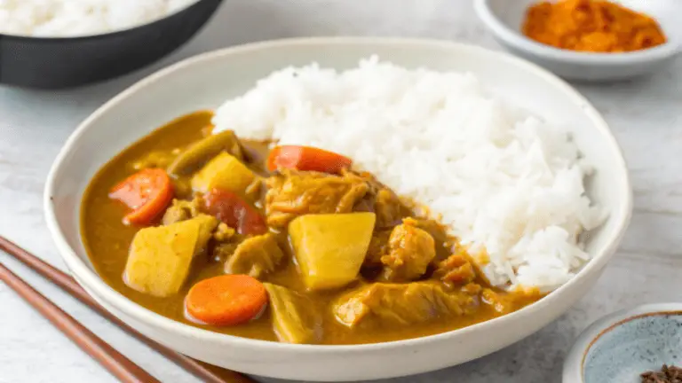 Plate of Japanese Chicken Curry with rice and garnishes, served on a wooden table.