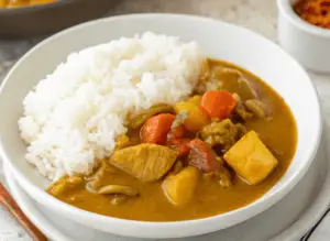 Plate of Japanese Chicken Curry with rice and garnishes, served on a wooden table.