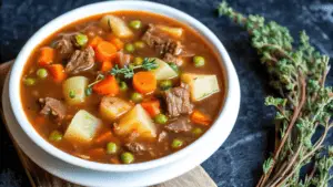 A steaming bowl of old-fashioned vegetable beef soup garnished with parsley, served with crusty bread on a wooden table.