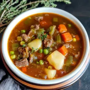 A steaming bowl of old-fashioned vegetable beef soup garnished with parsley, served with crusty bread on a wooden table.
