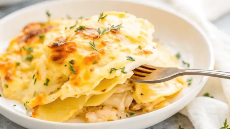 : Golden Potatoes Au Gratin in a rustic dish with a cheesy crust, garnished with thyme, placed on a wooden table