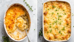 : Golden Potatoes Au Gratin in a rustic dish with a cheesy crust, garnished with thyme, placed on a wooden table