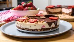 A slice of Snickers Strawberry Cheesecake with layers of creamy cheesecake, chunks of Snickers, and fresh strawberry topping on a white plate