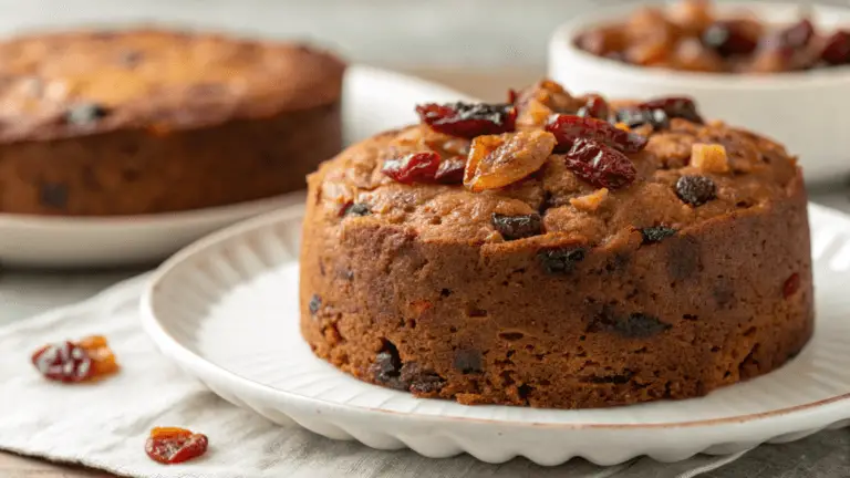 A beautifully decorated fruit cake topped with candied fruits and nuts, displayed on a rustic wooden table.