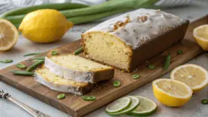 Freshly baked lemon zucchini bread with a citrus glaze and garnishes of lemon slices and zucchini, placed on a wooden board.