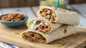 A close-up of three stacked burritos cut in half, revealing a filling of seasoned meat, melted cheese, and fresh vegetables wrapped in toasted tortillas. Creamy sauce is oozing out, adding to the appetizing look. The burritos are placed on a wooden board, with bowls of avocado slices and sour cream blurred in the background.