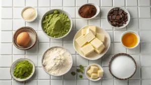 "A close-up of freshly baked matcha brownies with a vibrant green hue, topped with powdered sugar, served on a white ceramic plate."