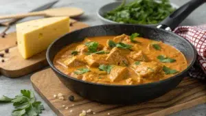 This image depicts a culinary scene featuring a rich, creamy dish in a black skillet garnished with fresh herbs, likely a type of curry or stew. There's also a block of cheese, grated cheese, and a parsley bunch in the background, suggesting this dish could have a cheesy or creamy flavor profile. Let me know if you'd like a recipe, suggestions, or any specific analysis of the dish!