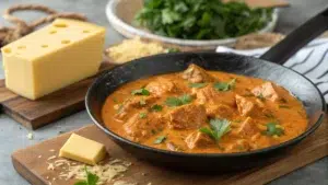 This image depicts a culinary scene featuring a rich, creamy dish in a black skillet garnished with fresh herbs, likely a type of curry or stew. There's also a block of cheese, grated cheese, and a parsley bunch in the background, suggesting this dish could have a cheesy or creamy flavor profile. Let me know if you'd like a recipe, suggestions, or any specific analysis of the dish!