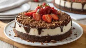 A slice of Snickers Strawberry Cheesecake with layers of creamy cheesecake, chunks of Snickers, and fresh strawberry topping on a white plate