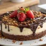 A slice of Snickers Strawberry Cheesecake with layers of creamy cheesecake, chunks of Snickers, and fresh strawberry topping on a white plate