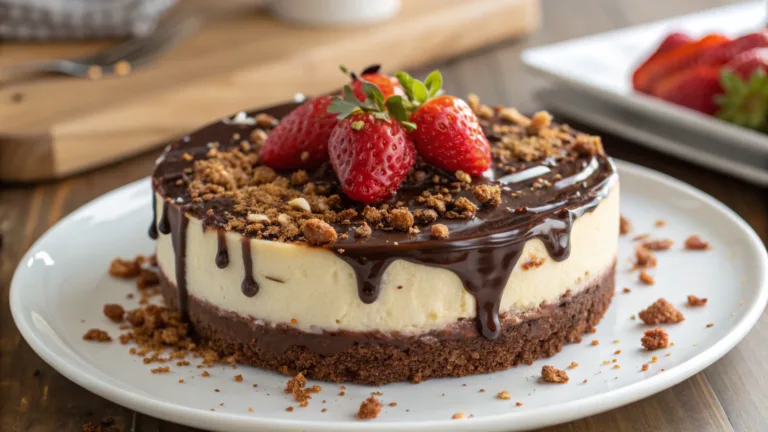 A slice of Snickers Strawberry Cheesecake with layers of creamy cheesecake, chunks of Snickers, and fresh strawberry topping on a white plate