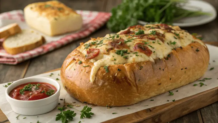 Freshly baked savory party bread with melted cheese and garlic butter.