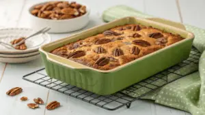 Freshly baked pumpkin dump cake in a rustic glass dish with golden crumble topping, surrounded by autumn decorations.