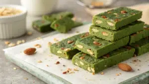 "A close-up of freshly baked matcha brownies with a vibrant green hue, topped with powdered sugar, served on a white ceramic plate."