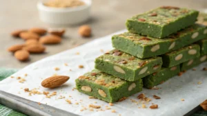 "A close-up of freshly baked matcha brownies with a vibrant green hue, topped with powdered sugar, served on a white ceramic plate."