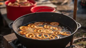Golden-brown funnel cake dusted with powdered sugar, served on a colorful plate at a carnival.