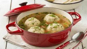 Ingredients for Bisquick dumplings on a wooden board, including Bisquick mix and milk.