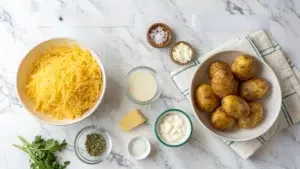 : Golden Potatoes Au Gratin in a rustic dish with a cheesy crust, garnished with thyme, placed on a wooden table