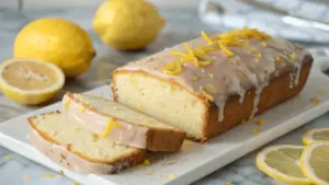 Freshly baked lemon zucchini bread with a citrus glaze and garnishes of lemon slices and zucchini, placed on a wooden board.
