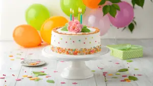 A fully decorated cake on a white pedestal with edible glitter and luster dust, styled for a celebration.