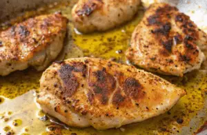 Perfectly broiled chicken breasts on a plate, garnished with fresh herbs and lemon slices."