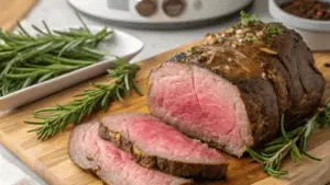 Medium-rare 3 lb roast sliced on a cutting board with herbs and a sous vide machine