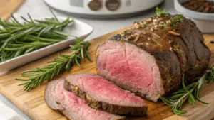 Medium-rare 3 lb roast sliced on a cutting board with herbs and a sous vide machine
