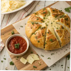 Freshly baked savory party bread with melted cheese and garlic butter.