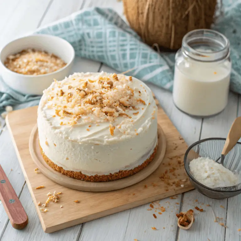 Freshly baked coconut cake with creamy frosting, shredded coconut, and toasted flakes, surrounded by coconut milk and cream.