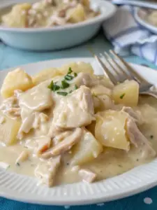 Bowl of Cracker Barrel chicken and dumplings with creamy broth and fresh parsley, served on a rustic wooden table.