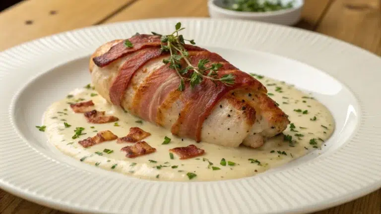 "Bacon-wrapped chicken breast served on a creamy white herb sauce, garnished with fresh thyme and crispy bacon bits on a white plate."