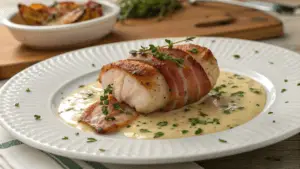 Bacon-wrapped chicken breast served on a creamy white herb sauce, garnished with fresh thyme and crispy bacon bits on a white plate.