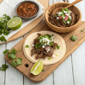 Traditional Mexican barbacoa tacos with onions, cilantro, and lime on a wooden platter.
