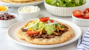 Traditional fry bread topped with taco-style ingredients including ground beef, lettuce, cheese, and tomatoes, served on a white plate