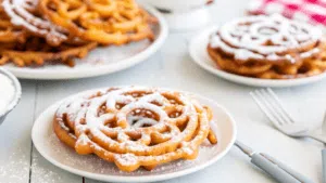 Golden-brown funnel cake dusted with powdered sugar, served on a colorful plate at a carnival.