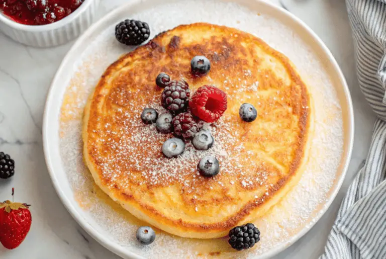 Overhead view of a freshly baked golden German pancake in a cast-iron skillet, dusted with powdered sugar and surrounded by breakfast toppings.
