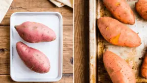  A perfectly cooked sweet potato placed on a white plate lined with parchment paper. The potato has pierced skin, revealing a soft orange interior.