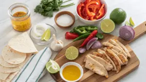 A colorful flat-lay image of fresh ingredients for making chicken fajitas. The setup includes cooked chicken strips on a wooden board, sliced red bell peppers, green jalapeños, red onion, and garlic. Lime halves, flour tortillas, a small bowl of oil, a jar of seasoning, a bowl of salt, and fresh cilantro are also displayed on a light surface, ready for preparation.