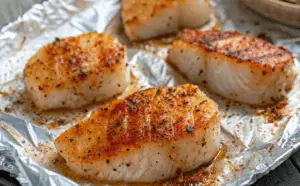 Perfectly broiled chicken breasts on a plate, garnished with fresh herbs and lemon slices."