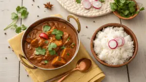  A close-up of Indian curry spices and Japanese curry roux with fresh vegetables on a wooden kitchen counter.