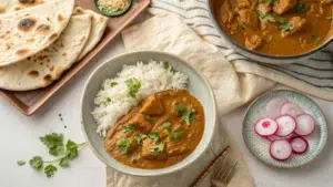  Split-screen image showing Indian curry with naan and Japanese curry with rice, showcasing their unique textures and colors.