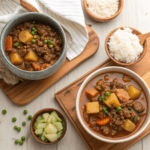 Mexican and Filipino picadillo served side-by-side, showcasing their unique textures and flavors, paired with bowls of rice.