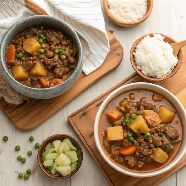 Mexican and Filipino picadillo served side-by-side, showcasing their unique textures and flavors, paired with bowls of rice.