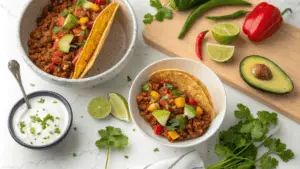 Modern adaptations of picadillo with a Mexican quinoa version in a taco shell and a Filipino coconut milk version in a bowl.